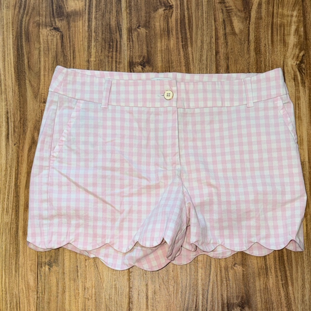 Crown & Ivy women shorts scallop white Pink Gingham checker High rise Shelby 4”